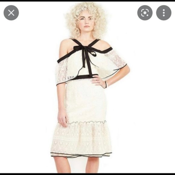 Adelyn Rae Cream Ivory Black Crochet Lace Halter Off The Should Dress.  SZ S - Picture 2 of 2